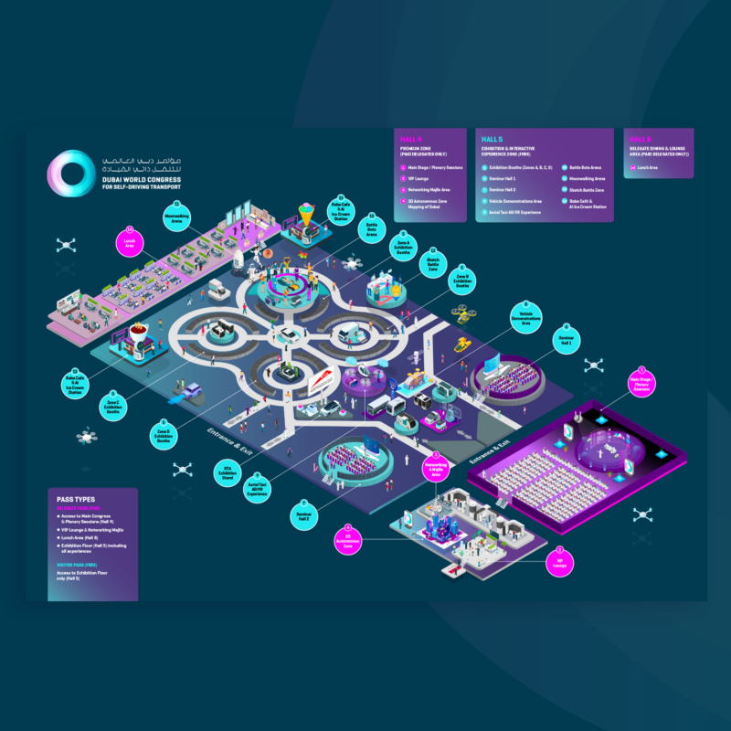 3D isometric floorplan of the Dubai World Congress 2025: Autonomous Vehicles & Self-Driving Transport exhibition, showing the event layout with stands, zones and visitor pathways.