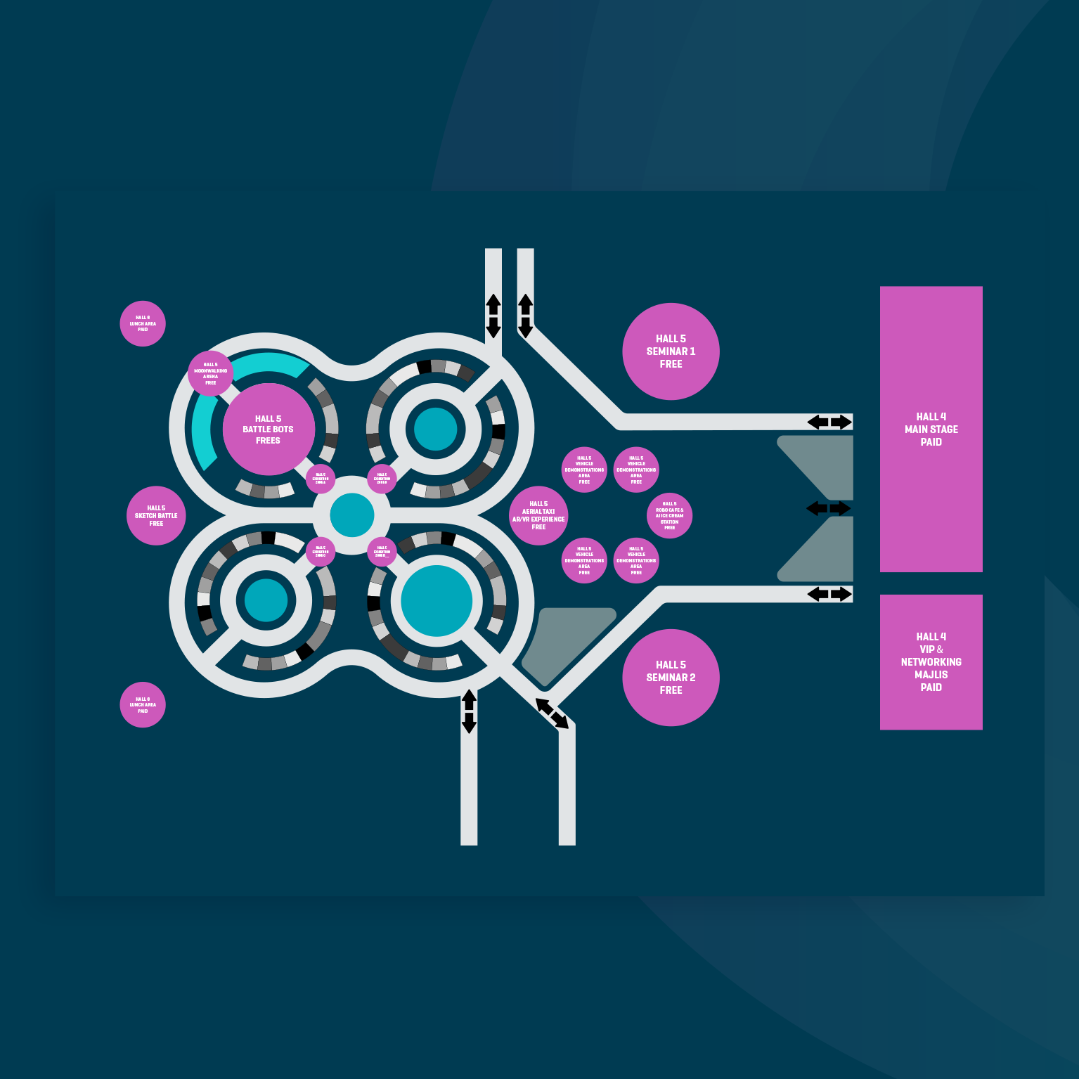 3D isometric floorplan of the Dubai World Congress 2025: Autonomous Vehicles & Self-Driving Transport exhibition, showing the event layout with stands, zones and visitor pathways.