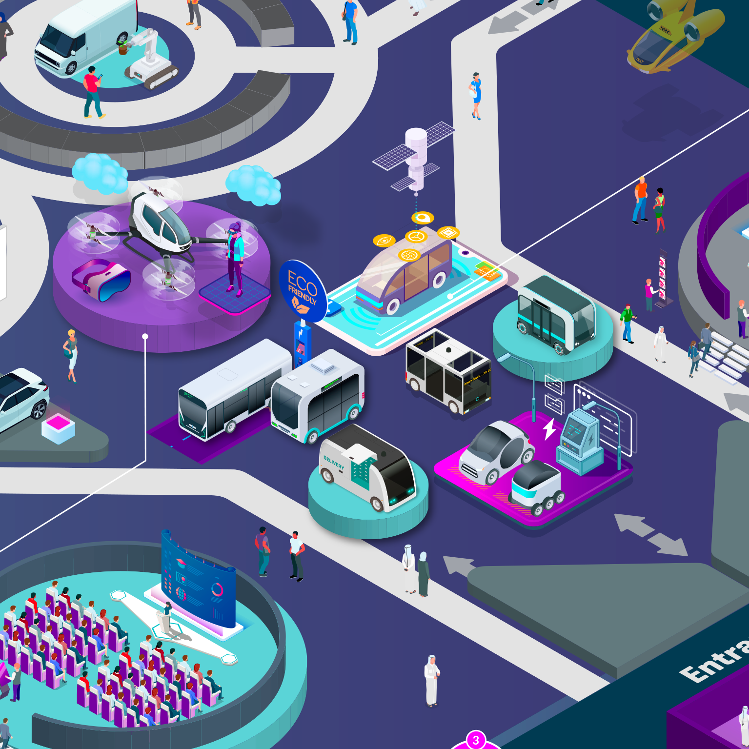3D isometric floorplan of the Dubai World Congress 2025: Autonomous Vehicles & Self-Driving Transport exhibition, showing the event layout with stands, zones and visitor pathways.