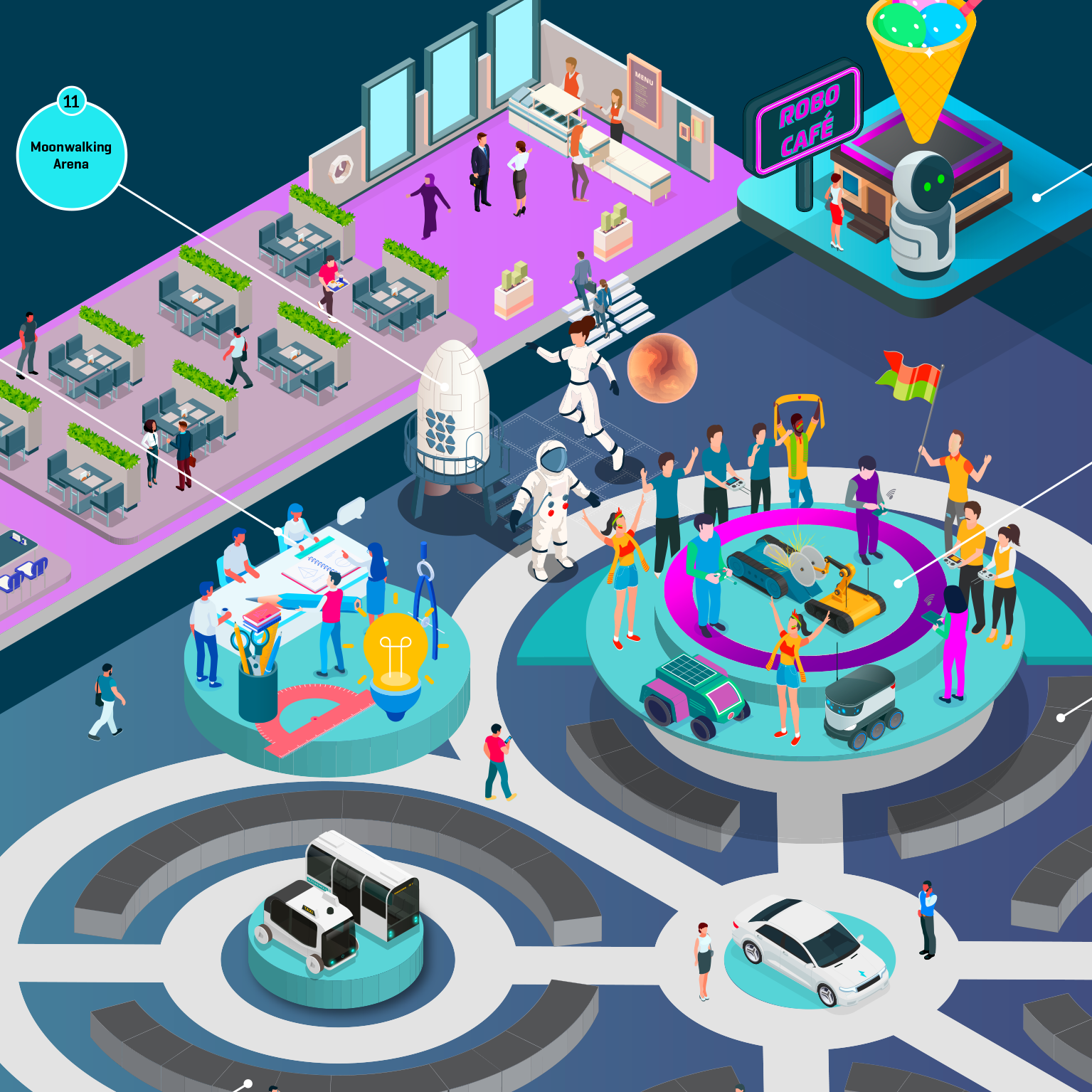 3D isometric floorplan of the Dubai World Congress 2025: Autonomous Vehicles & Self-Driving Transport exhibition, showing the event layout with stands, zones and visitor pathways.